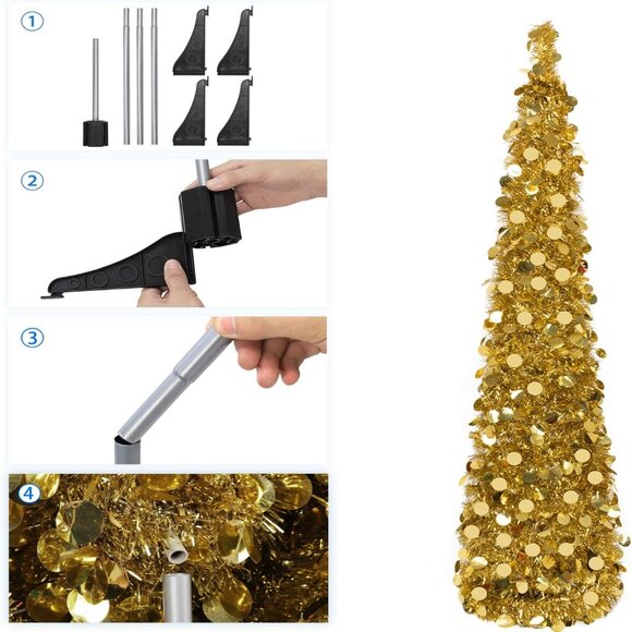 5FT Gold Christmas Pop Up Tinsel Tree Holiday Decor Collapsible - Picture 2 of 4